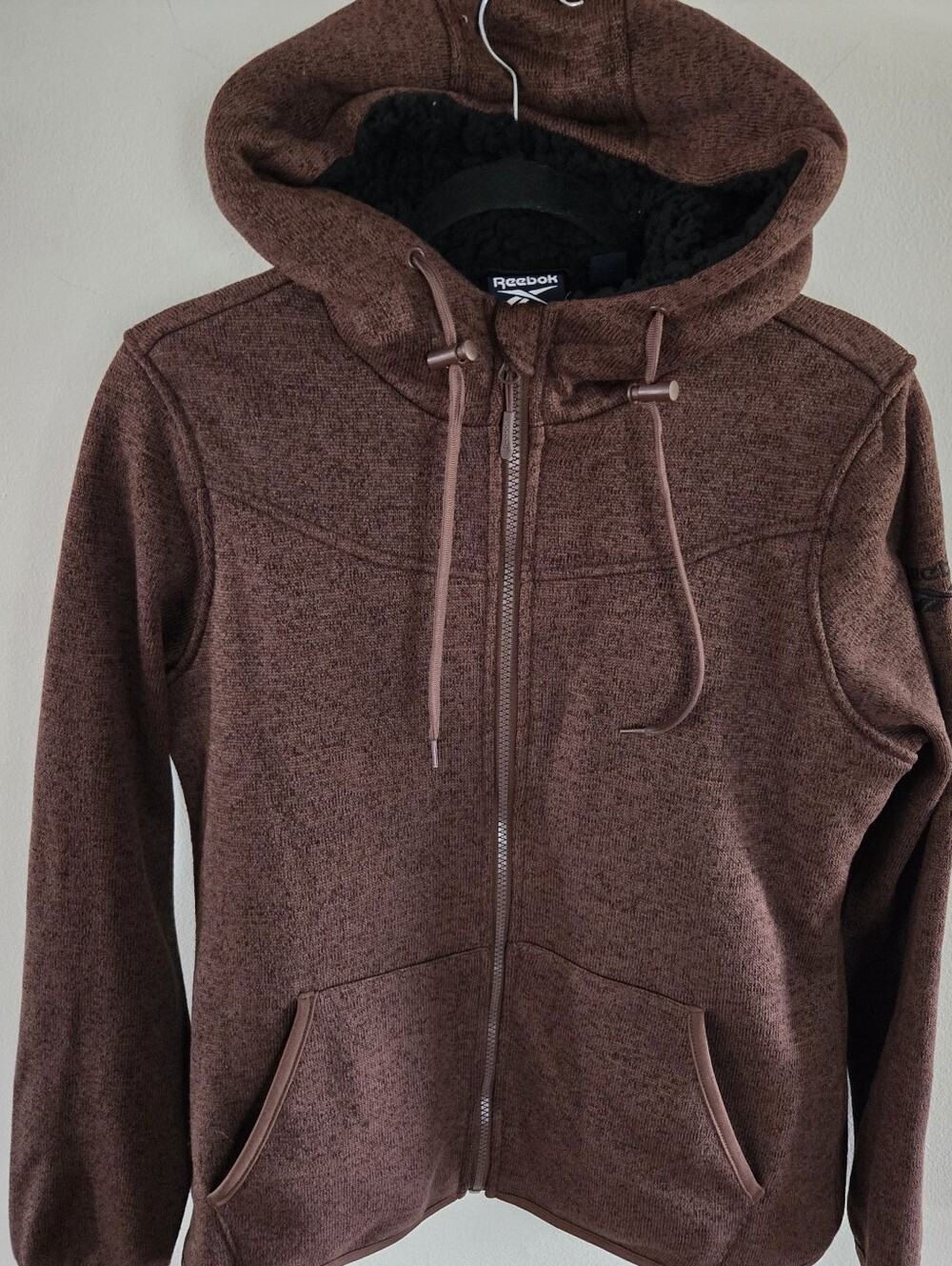 Reebok Womens Small Faux Fur Lined Full Zip Hoodie Brown Hand Warmer Pocket